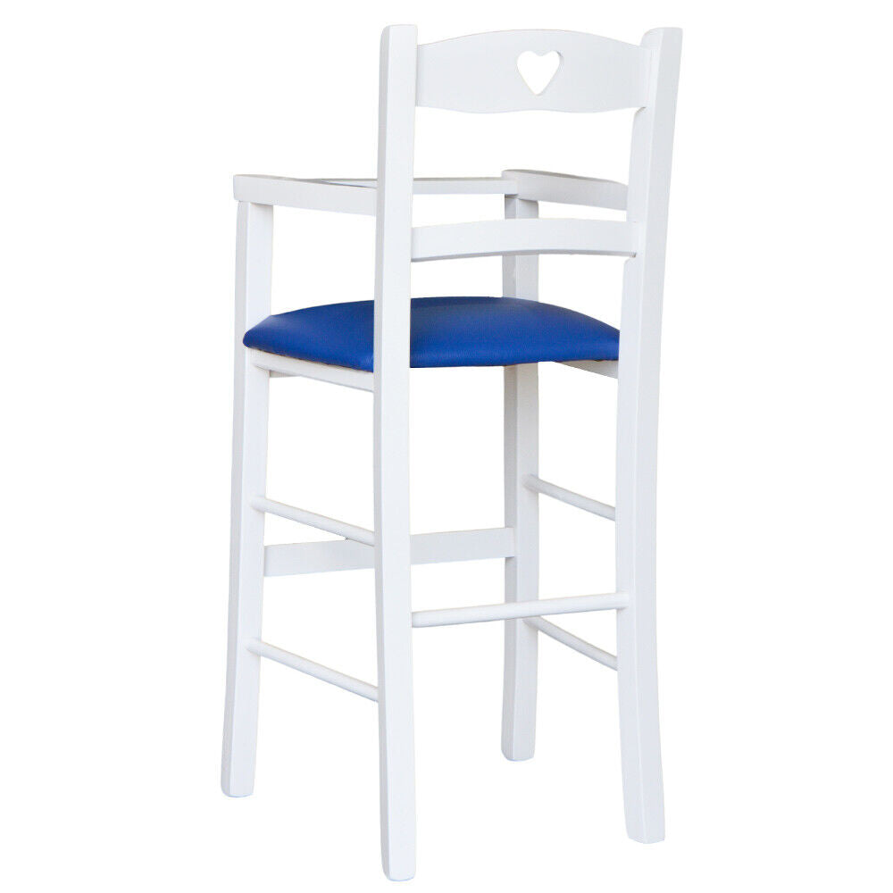 Seggiolone in legno bianco con seduta imbottita in similpelle blu