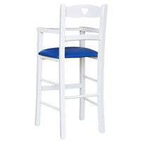 Seggiolone in legno bianco con seduta imbottita in similpelle blu