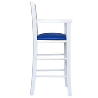 Seggiolone in legno bianco con seduta imbottita in similpelle blu