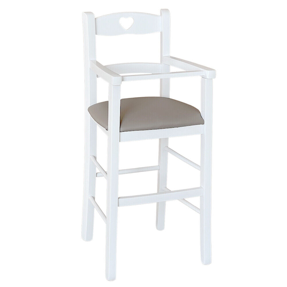 Seggiolone in legno bianco con seduta ecopelle tortora