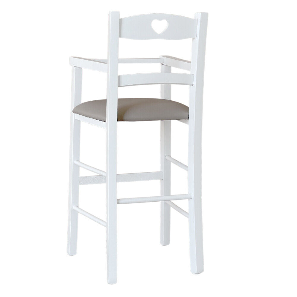 Seggiolone in legno bianco con seduta ecopelle tortora