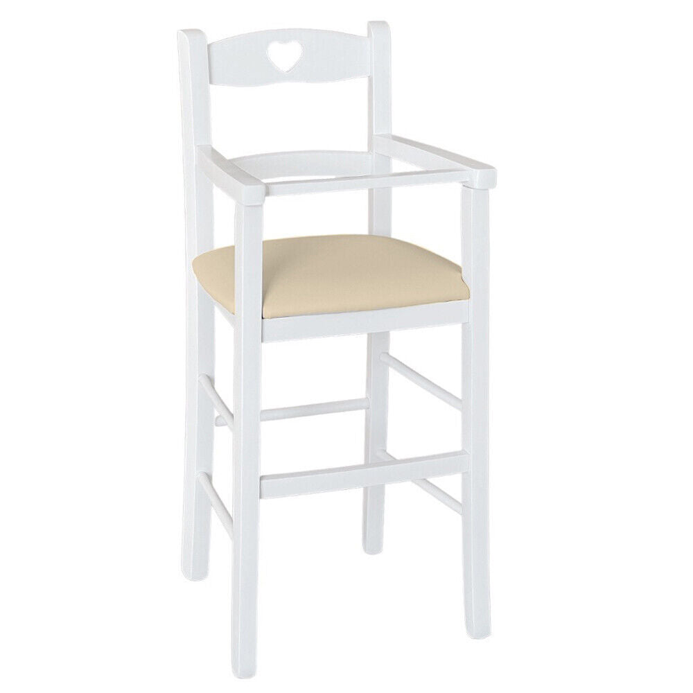 Seggiolone in legno bianco con seduta ecopelle beige