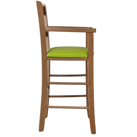 Seggiolone in legno noce chiaro con seduta ecopelle verde