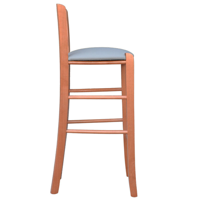 Sgabello in legno ciliegio h 67 seduta imbottita in similpelle tortora