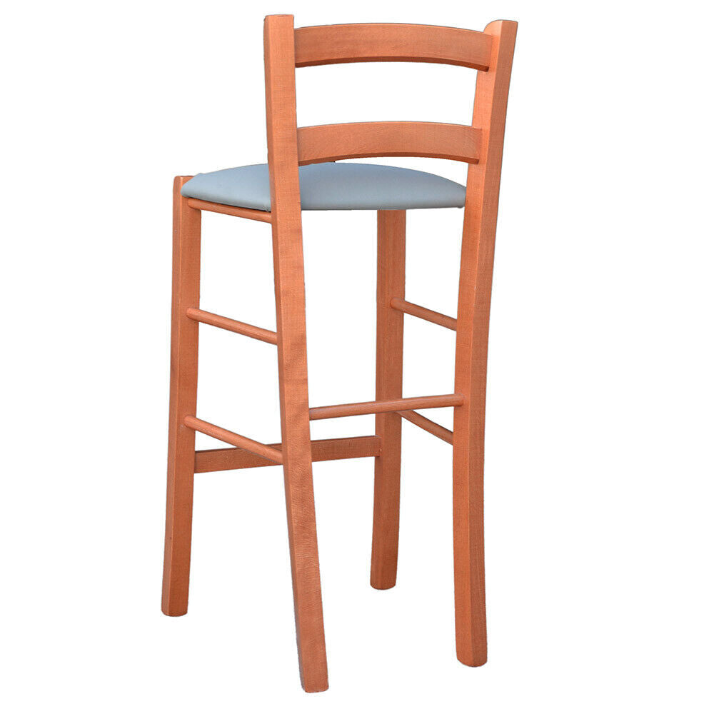 Sgabello in legno ciliegio h 67 seduta imbottita in similpelle tortora