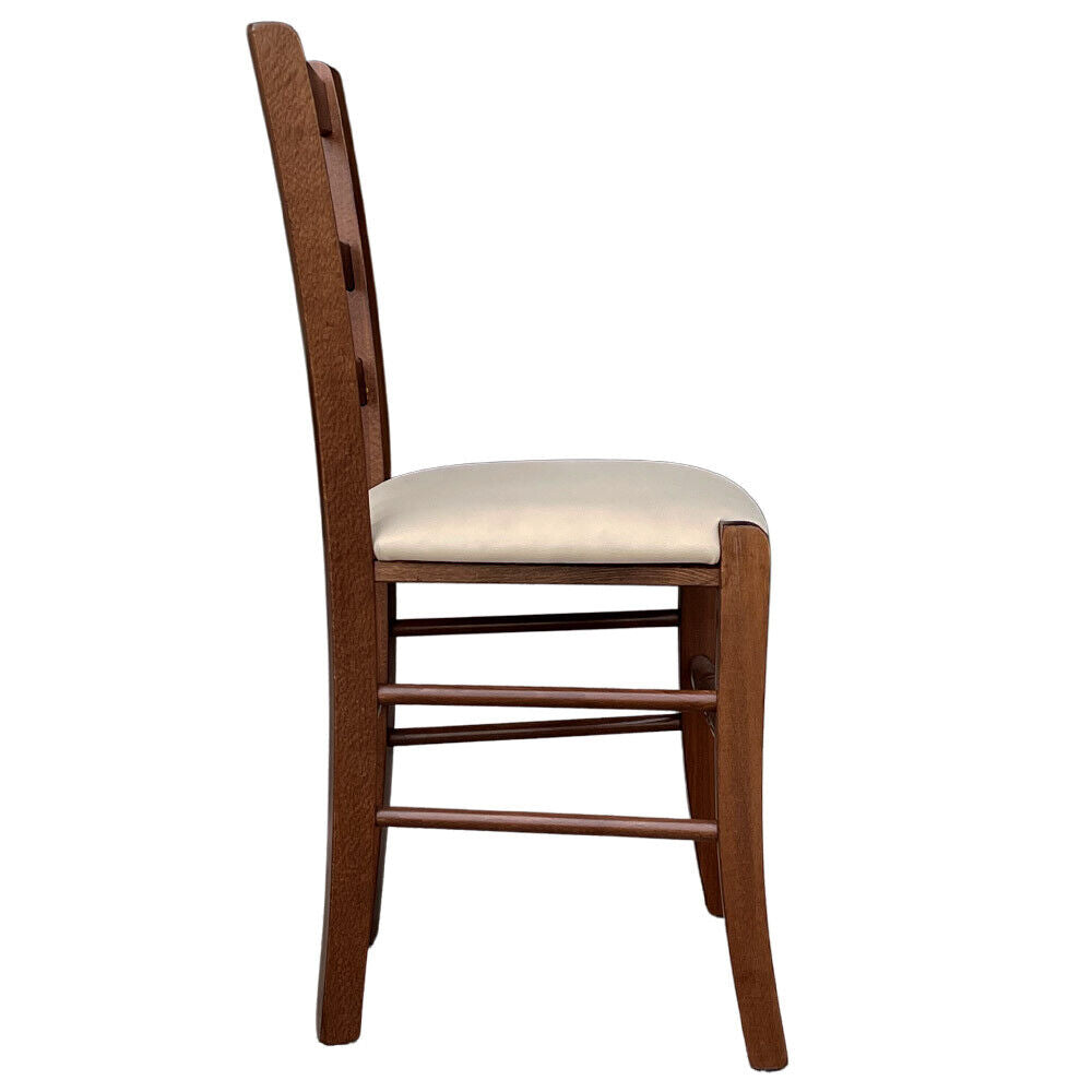 Sedia in legno Loris noce scuro con seduta imbottita in similpelle beige