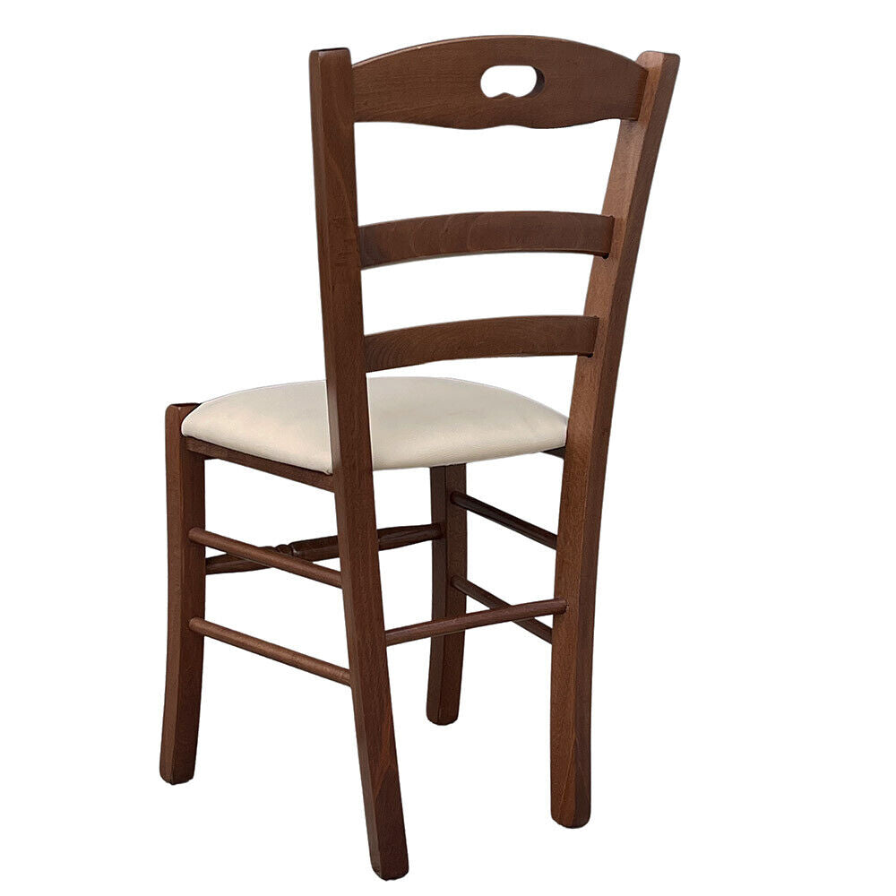 Sedia in legno Loris noce scuro con seduta imbottita in similpelle beige