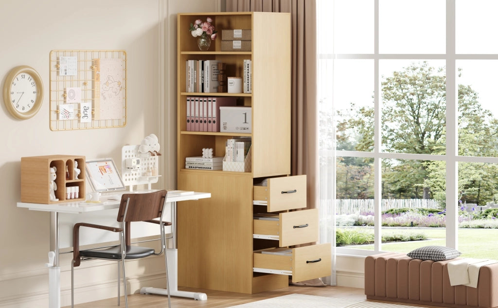 Libreria alta con 3 cassetti e 2 ripiani regolabili, per piccoli spazi, in truciolare, rovere, 60 × 38 × 180 cm