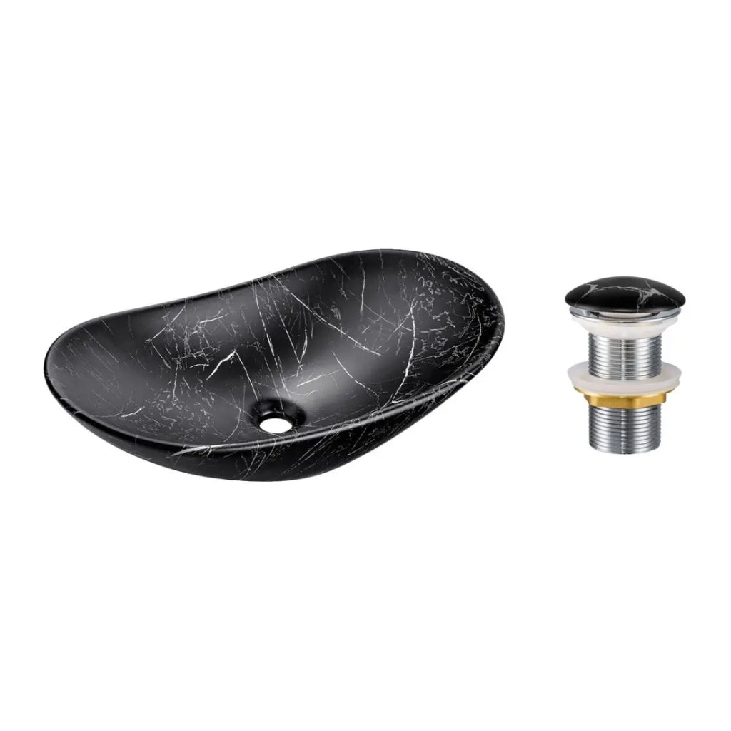 Lavabo da appoggio ovale 61,5x36 cm nero effetto marmo con piletta click clack