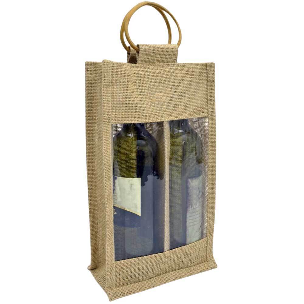 Borsa a due portabottiglia in telo juta con manici in legno x 5 pezzi