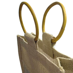 Borsa a due portabottiglia in telo juta con manici in legno x 5 pezzi