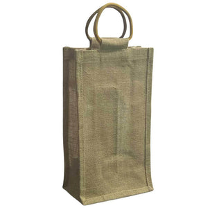 Borsa a due portabottiglia in telo juta con manici in legno x 5 pezzi