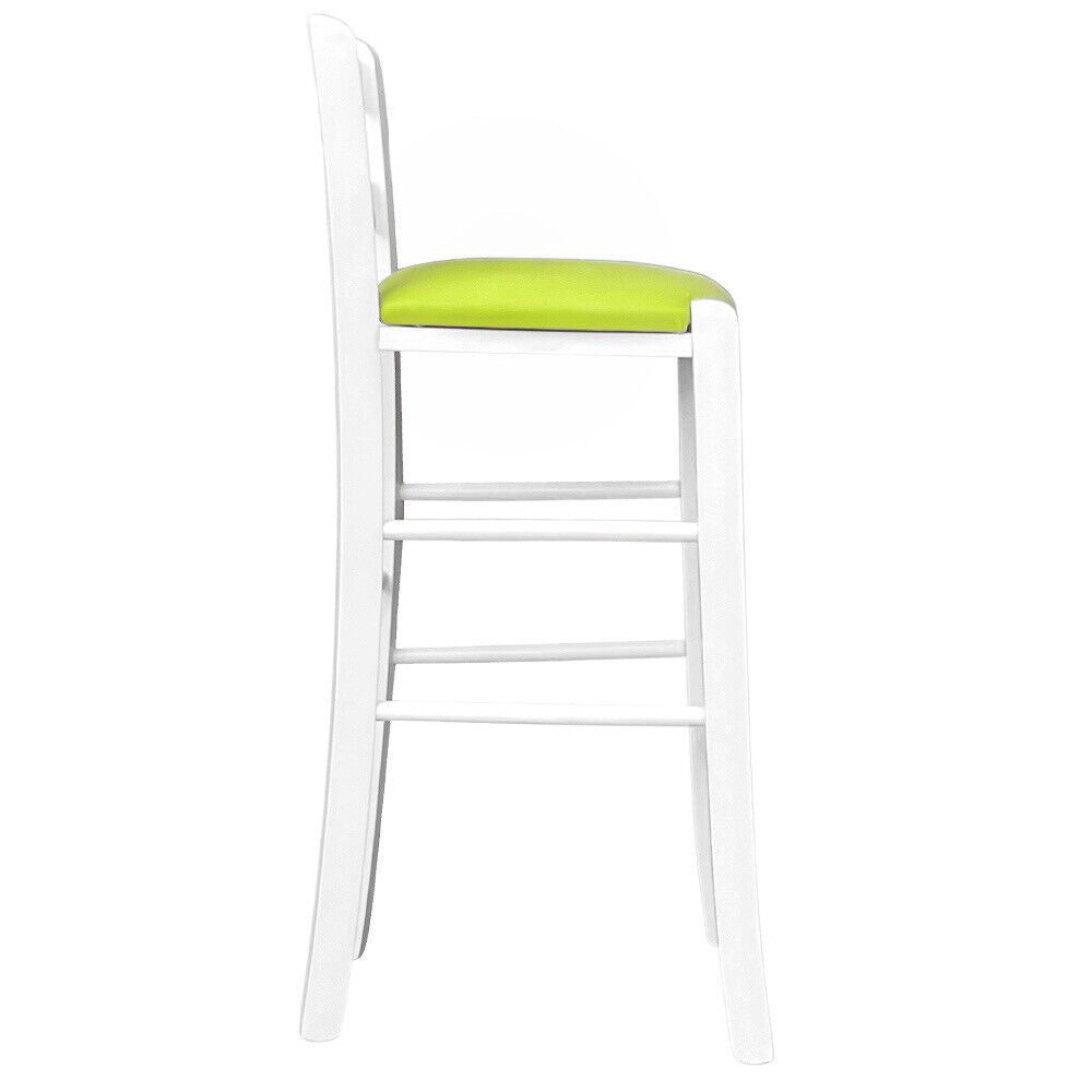 Sgabello legno bianco sedile in similpelle verde h 67 cm da terra alla seduta