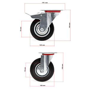 Set 4 ruote piroettanti, freno doppio blocco, Rotella 125mm max 100kg, metallo e gomma piena