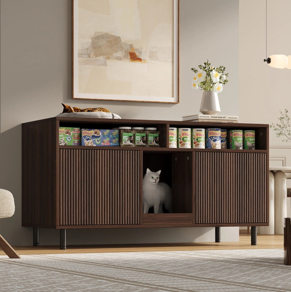 Mobile copriletteriera per gatti 120x50x66 cm con ripiani e tappetino raccogli sabbia; noce