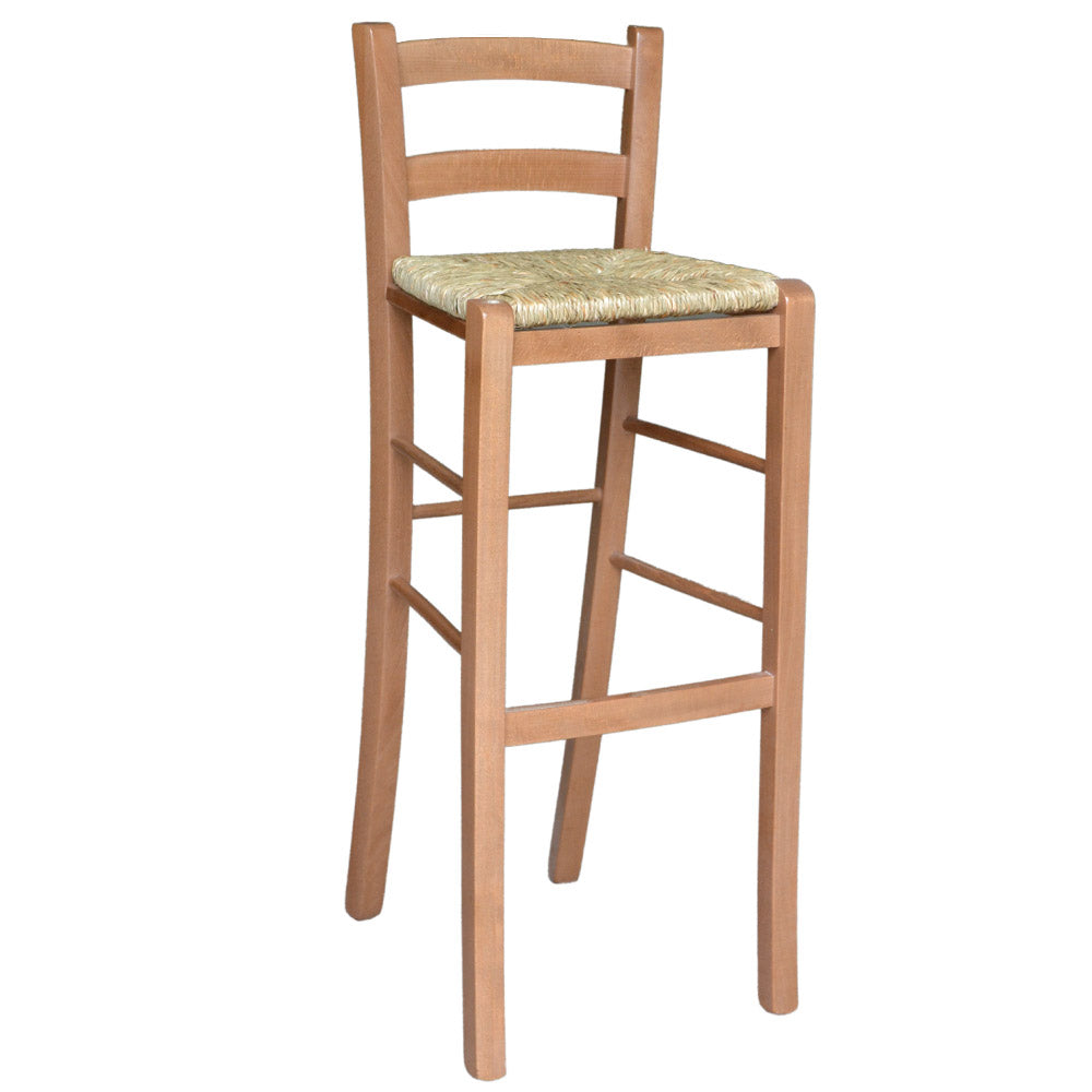 Sgabello di legno con schienale h 80 cm seduta in paglia noce chiaro