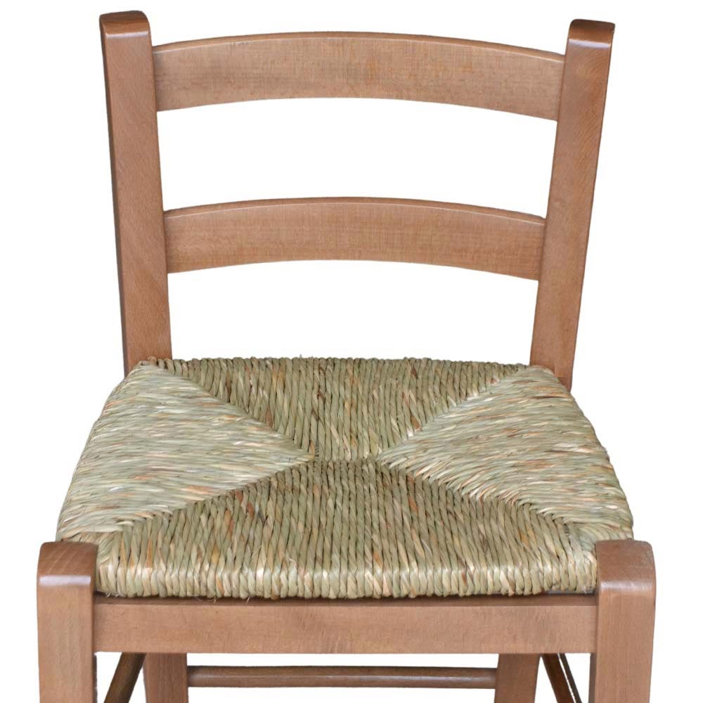 Sgabello di legno con schienale h 80 cm seduta in paglia noce chiaro