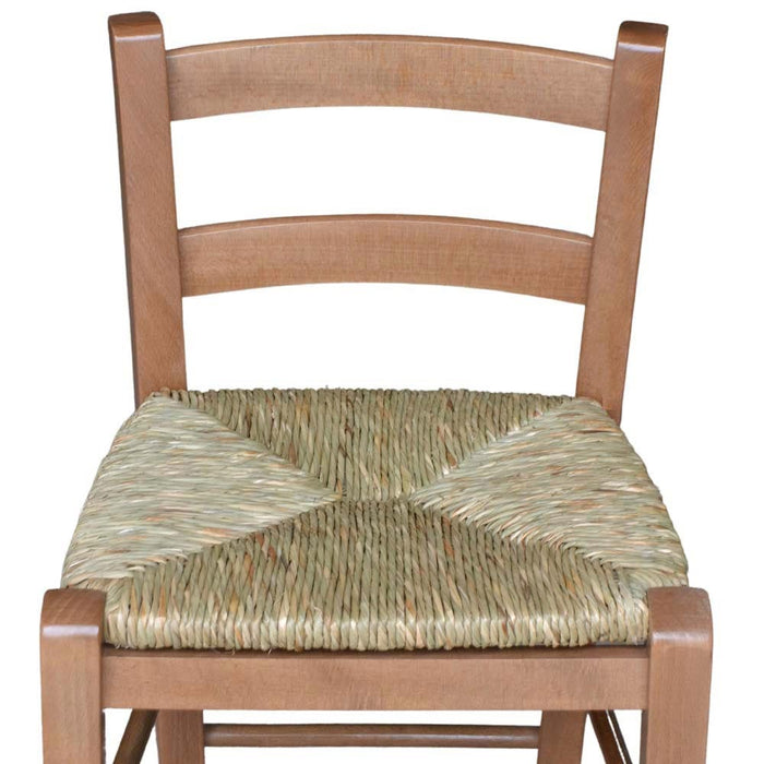 Sgabello di legno con schienale h 80 cm seduta in paglia noce chiaro