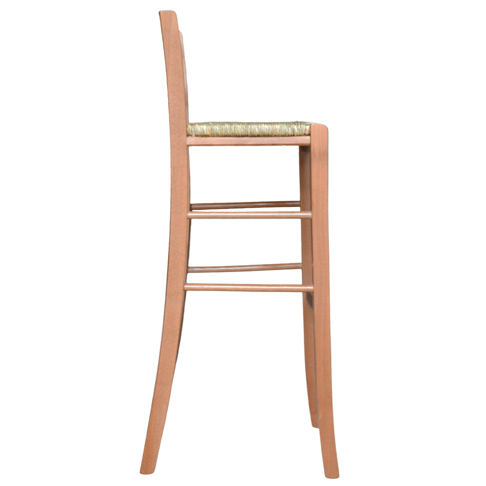Sgabello di legno con schienale h 80 cm seduta in paglia noce chiaro