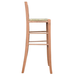Sgabello di legno con schienale h 80 cm seduta in paglia noce chiaro