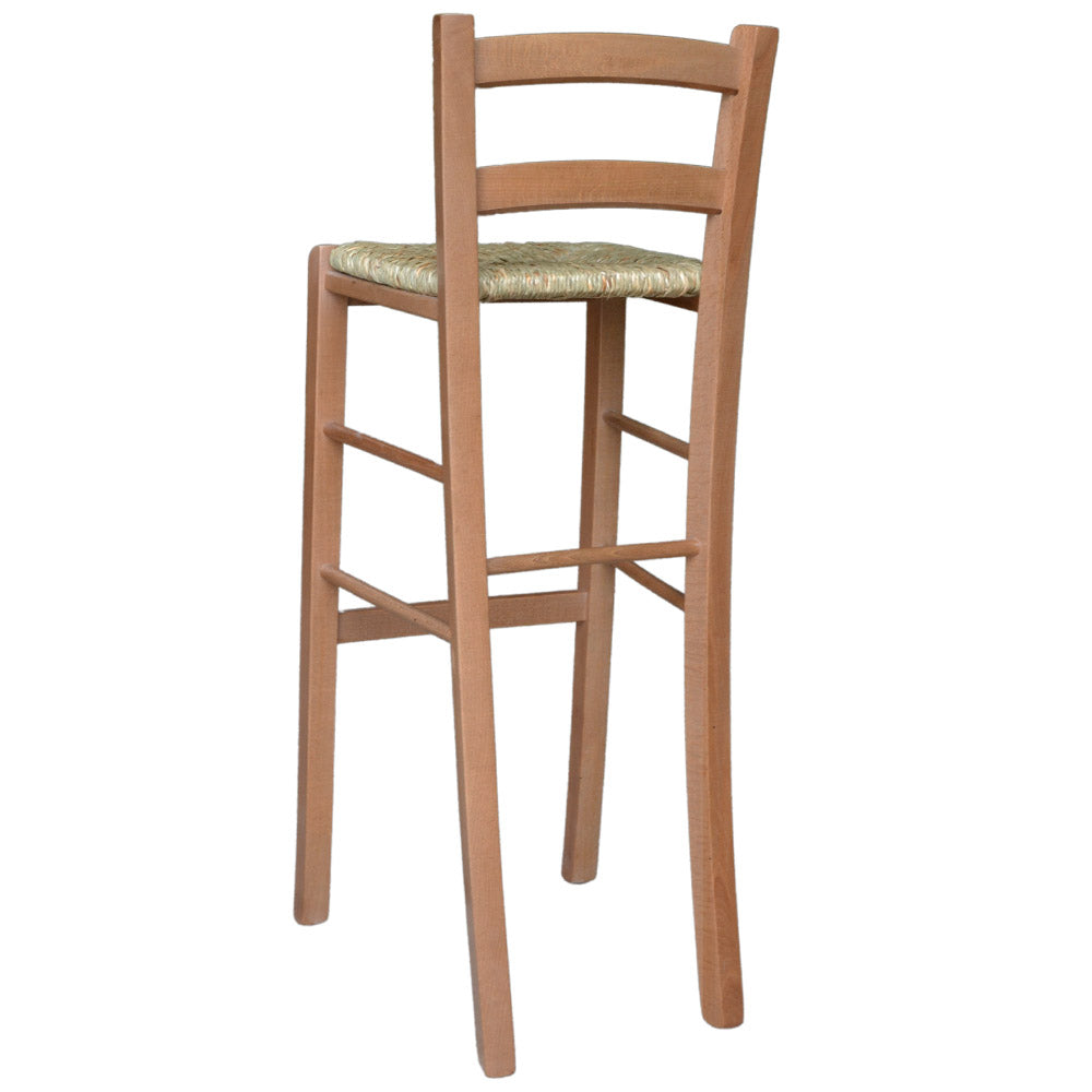 Sgabello di legno con schienale h 80 cm seduta in paglia noce chiaro
