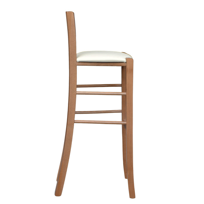 Sgabello alto legno noce chiaro con schienale h 80 cm seduta similpelle crema