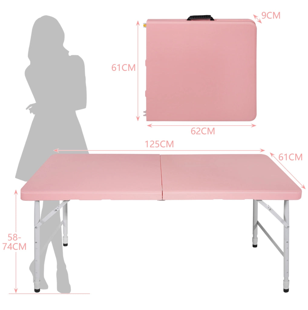 Tavolo pieghevole 125x61 cm rosa in plastica e ferro - altezza regolabile