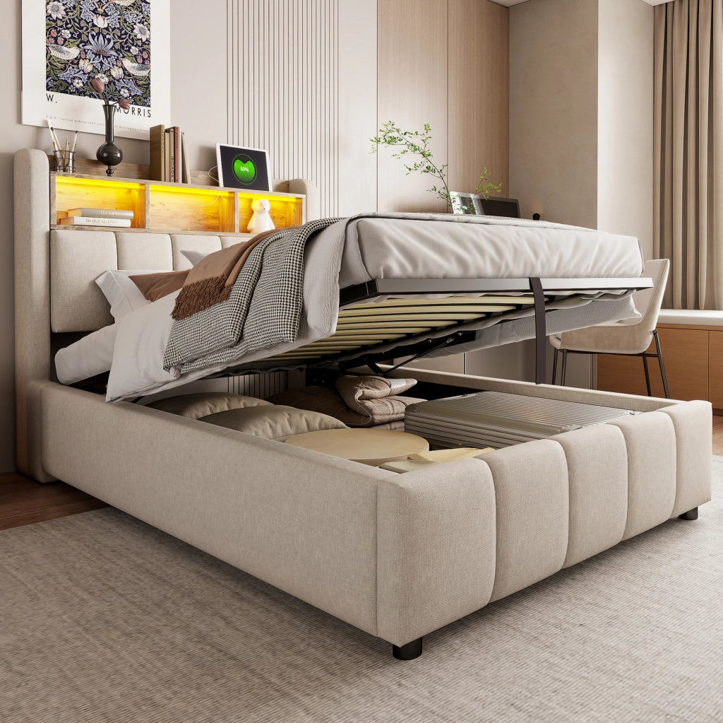 Letto imbottito 90x200 cm in tessuto effetto lino beige con LED; USB-C e contenitore idraulico