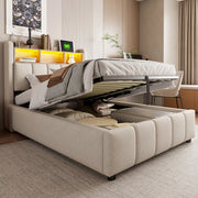 Letto imbottito 90x200 cm in tessuto effetto lino beige con LED; USB-C e contenitore idraulico