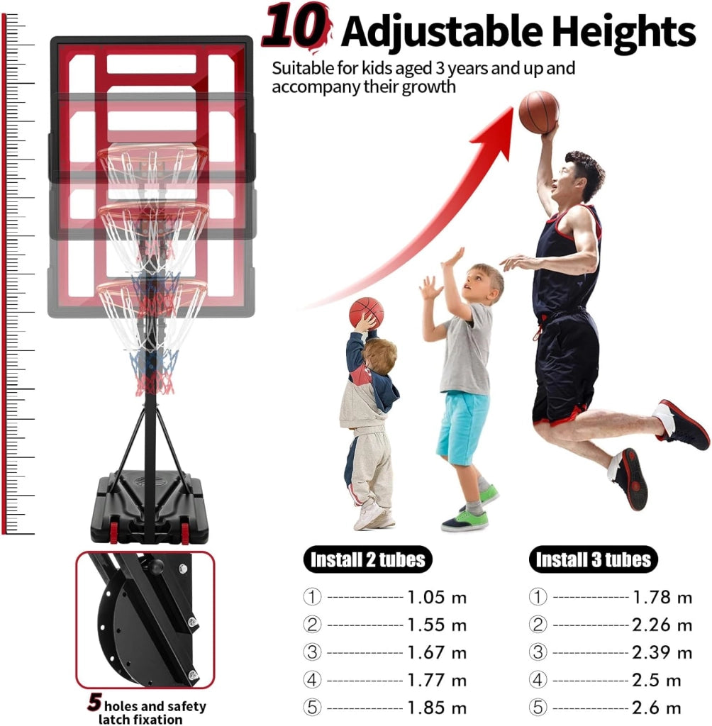 Canestro Basket per Esterno in PE, 10 Livelli di Altezza Regolabile 105-260 cm, Supporto da Basket Portatile con Ruote, Base, Pallacanestro per Interni, per Bambini e Adulti
