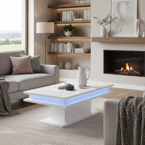 Tavolino da Aboronzi, Made in Italy, Tavolo basso da salotto portariviste, con luce LED, cm 100x55h42, Bianco lucido