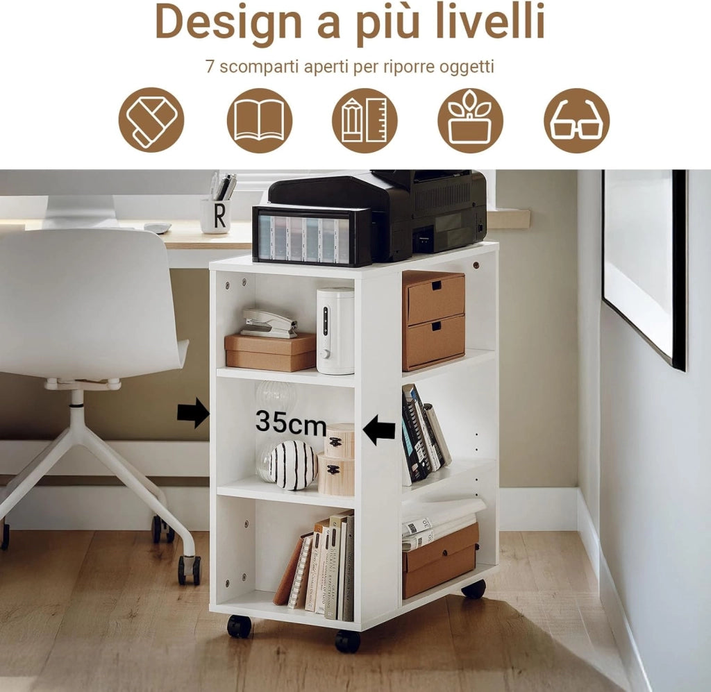 Cassettiera Ufficio da Scrivania Porta Stampante su Ruote Schedario da Ufficio con Ripiani Regolabili Mobiletto Portaoggetti Mobiletto Salvaspazio Bianco 60x35x75cm FBT68-W