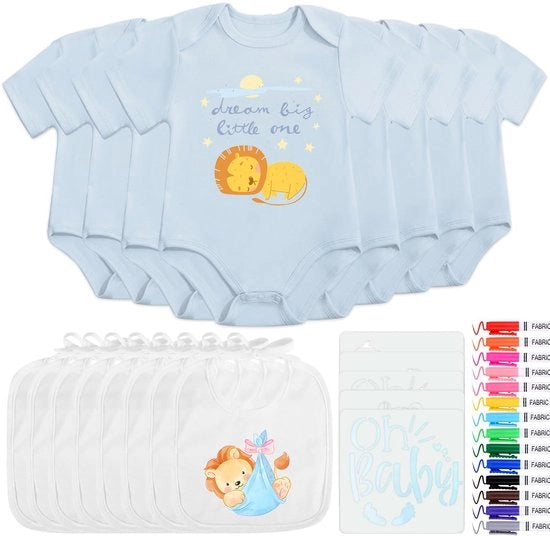16 pezzi di stoffa per abbellire rompers per bambini blu catena con 8 rompers con maniche corte 8 stampe per stoffa pennarelli per feste di compleanno per bambini giochi per baby shower