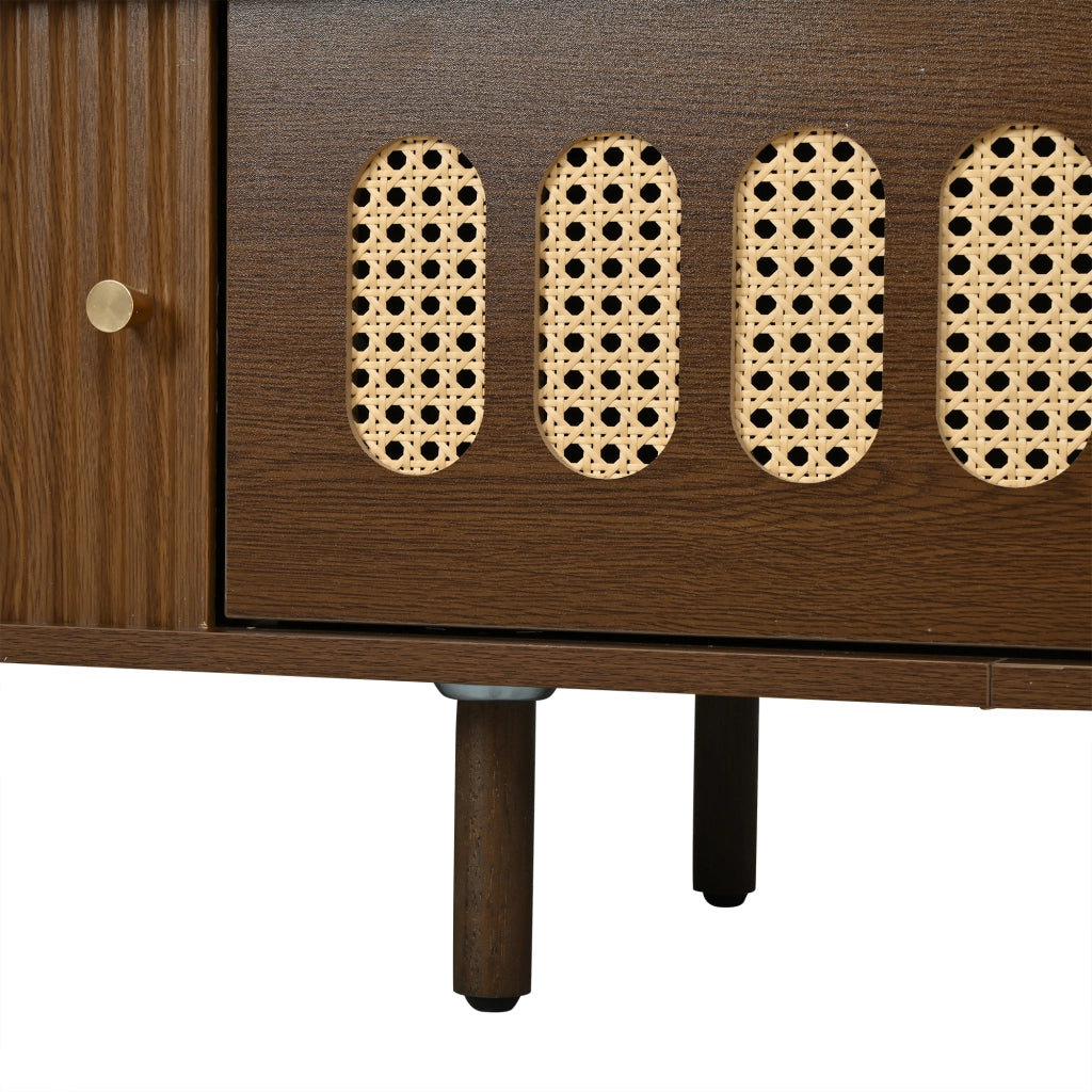 Mobile porta TV con 1 anta a ribalta in rattan e 2 ante a serranda, 5 vani chiusi, per soggiorno, in MDF, noce, 180 × 40 × 40 cm