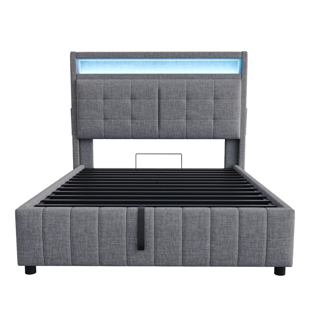 OKWISH Letto Contenitore 140×200 cm, Letto Matrimoniale con LED Regolabile, USB, Mensole e Contenitore Idraulico, senza Materasso, in Tessuto Grigio