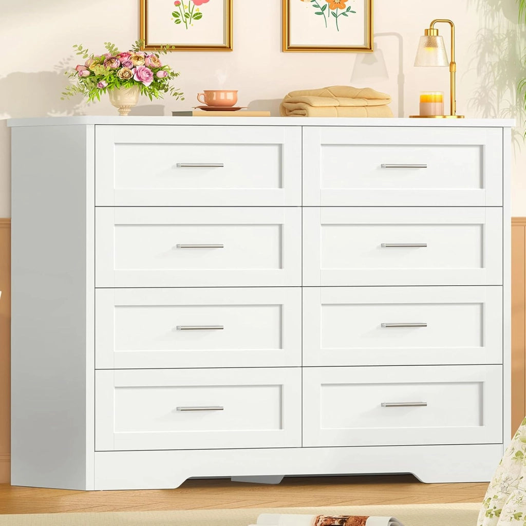 Cassettiera Camera da Letto, Settimino con 8 Cassetti - Comò Bianco Moderno e Salvaspazio, Ideale per Soggiorno e Ingresso, 107x35x96.5 cm