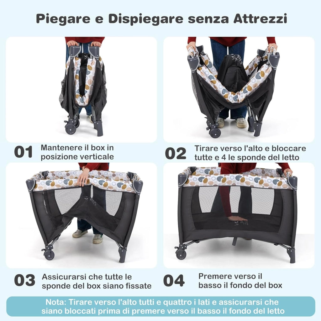 5 in 1 Culla Campeggio Bambini, Lettino Viaggio Neonati Pieghevole con Materasso, Fasciatoio, Box Portatile con Ruote, 2 Giocattoli e Carillon, per Bambini 0-3 Anni (Blu)