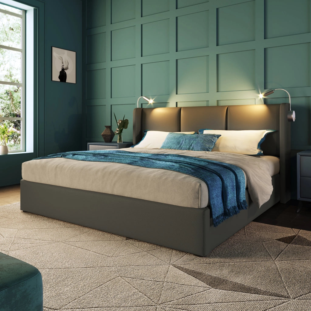 Letti contenitori 140x200 cm; luce da lettura e ricarica USB; PU grigio (Senza materasso)