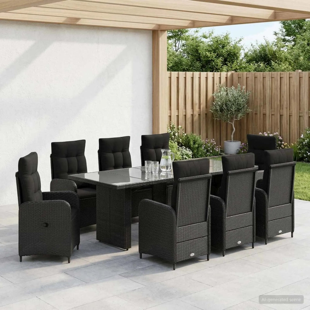 Set da pranzo per esterni 9 pz Nero polyrattan 3422380