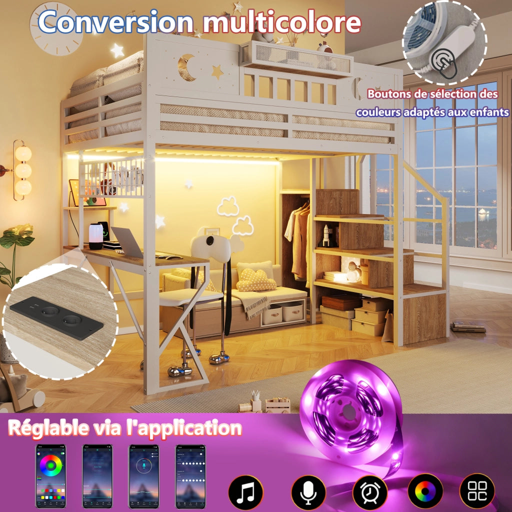 Letto a soppalco 140x200 cm con scrivania; pannello pegboard; ripiani; LED; USB e gambe a K; metallo bianco