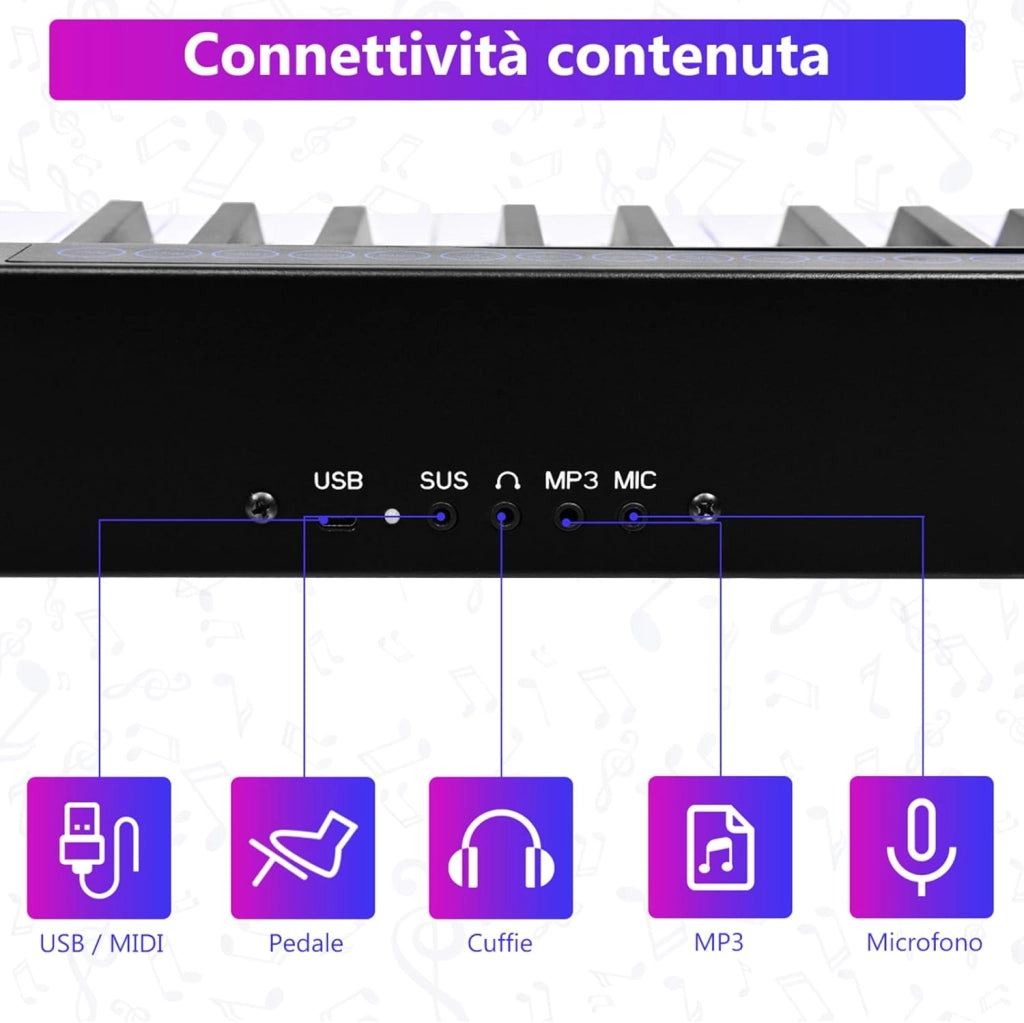 Tastiera Musicale 88 Tasti, Pianoforte Digitale Portatile con Custodia, Pianola con 128 Ritmi e Toni, Pedale Sustain, MIDI, USB e Funzione di APP Bluetooth (Nero)