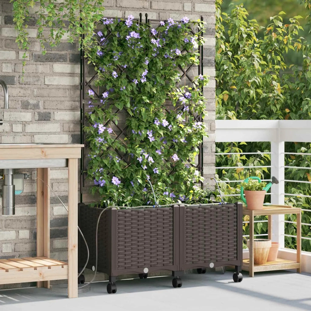 Vaso da Giardino con Irrigazione e Ruote 2 pz Marrone PP 3423004