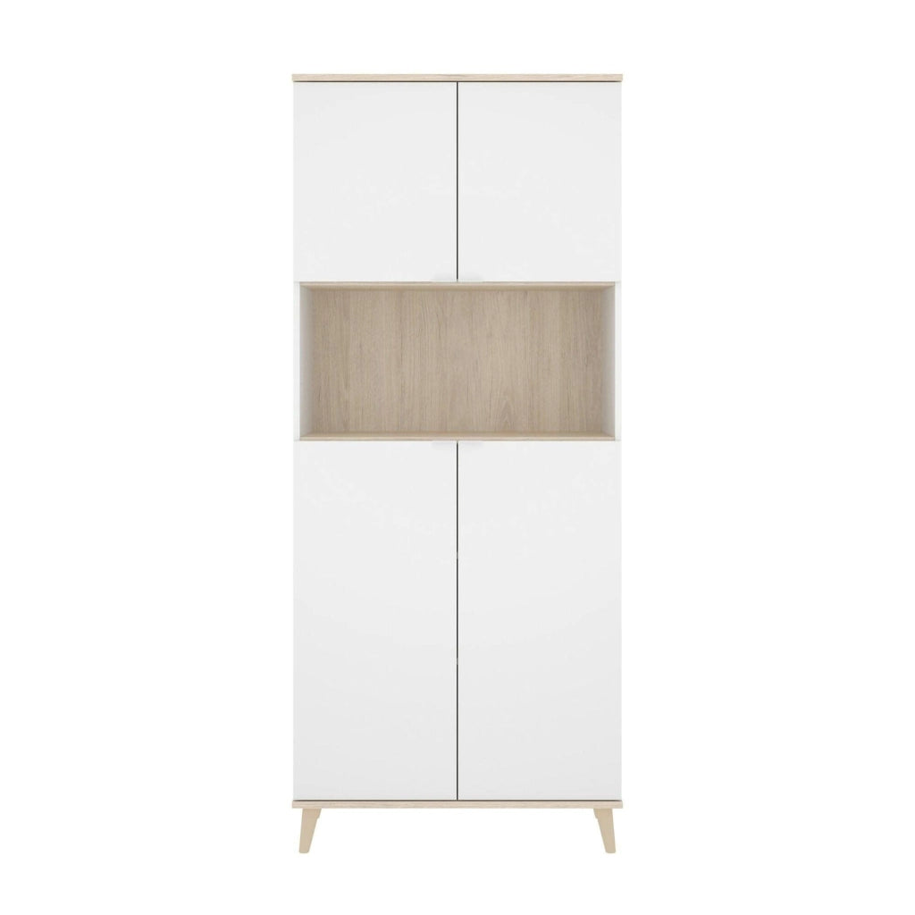 Credenza Acura, Buffet dispensa da soggiorno, Madia da salotto moderna a 4 ante, 80x40h191 cm, Bianco e Rovere