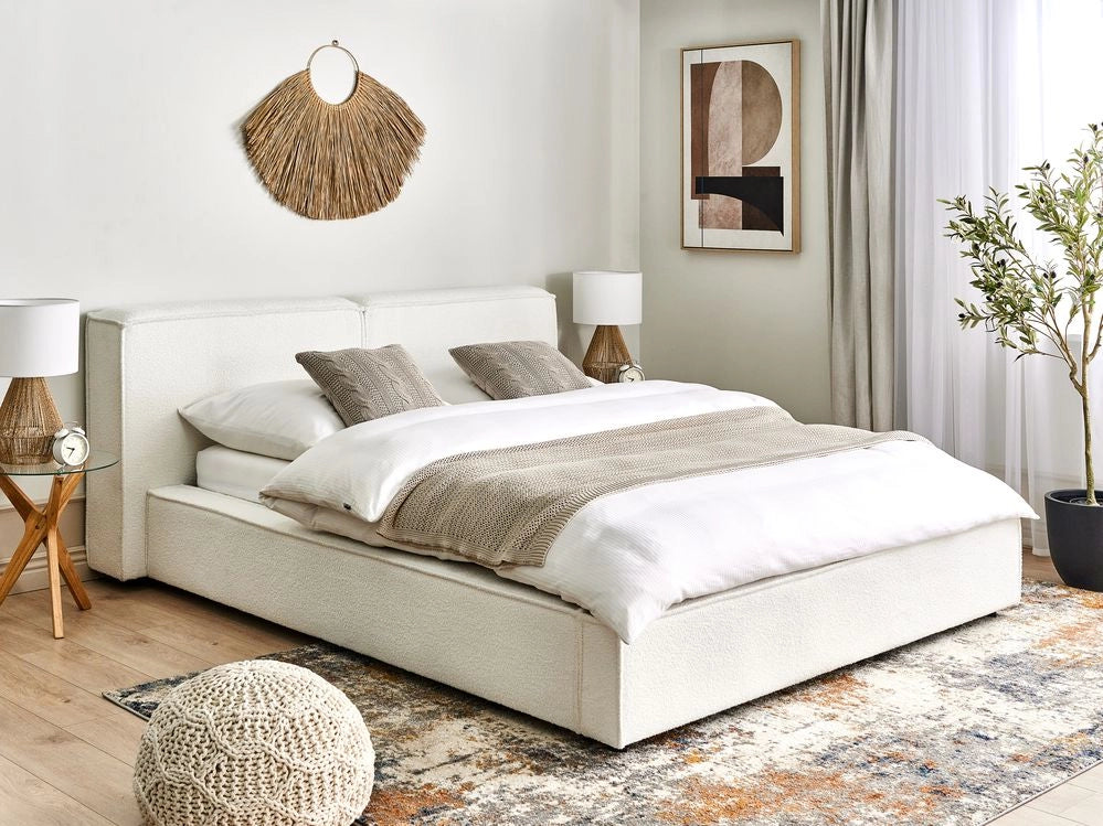 Letto matrimoniale in tessuto bouclè bianco con struttura a doghe 160 x 200 cm stile classico camera da letto