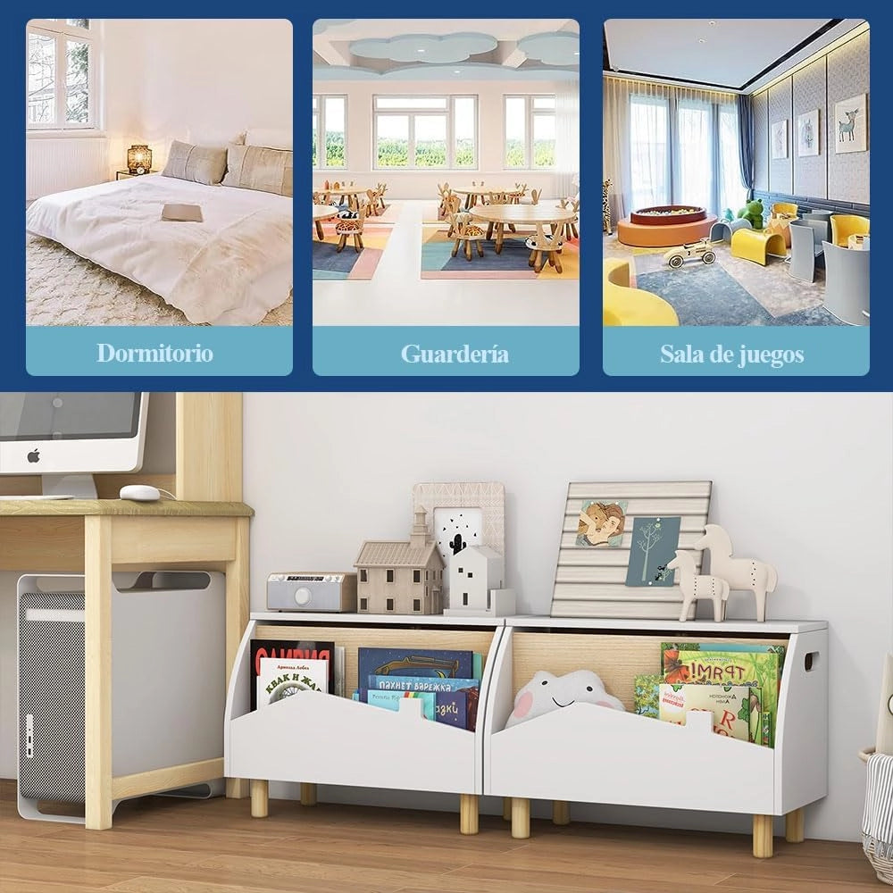 Libreria 2 in 1 per bambini e giocattoli, scatola per giocattoli con coperchio e ripiano aperto, scaffale per bambini con gambe in legno massello, scaffale per la cameretta dei bambini