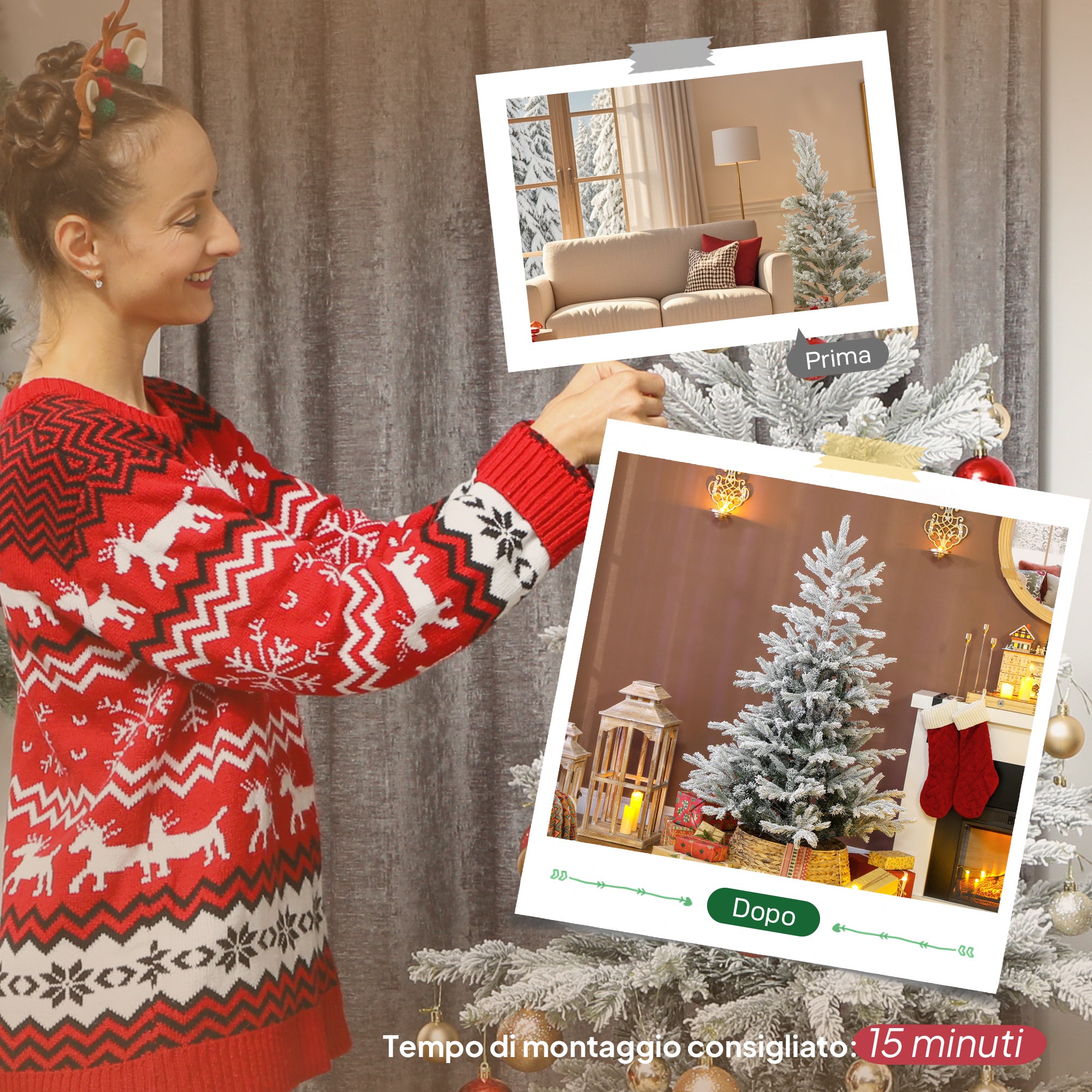 Albero di Natale Innevato Alto 150 cm con 828 Rami e Base in Metallo Verde