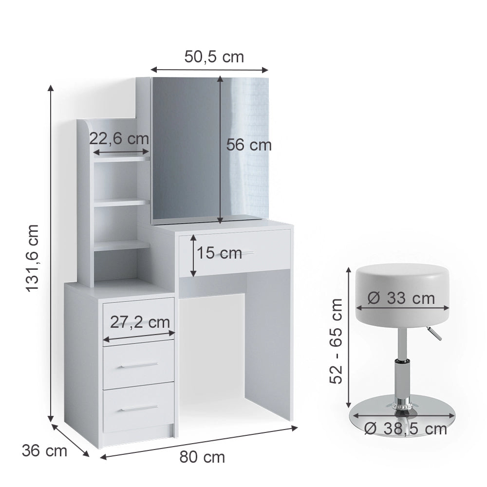 Vicco Tavolo da toeletta Bianco 80 cm con sgabello