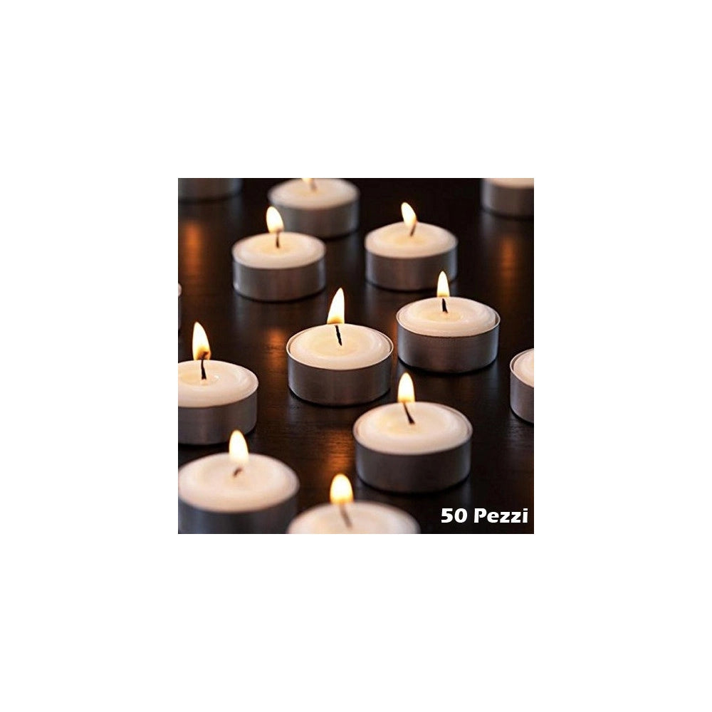 Trade Shop - Set 50 Pz. Tealight Candele Tea-light In Cera Bianca Tonde 575gr Durata 4 Ore -