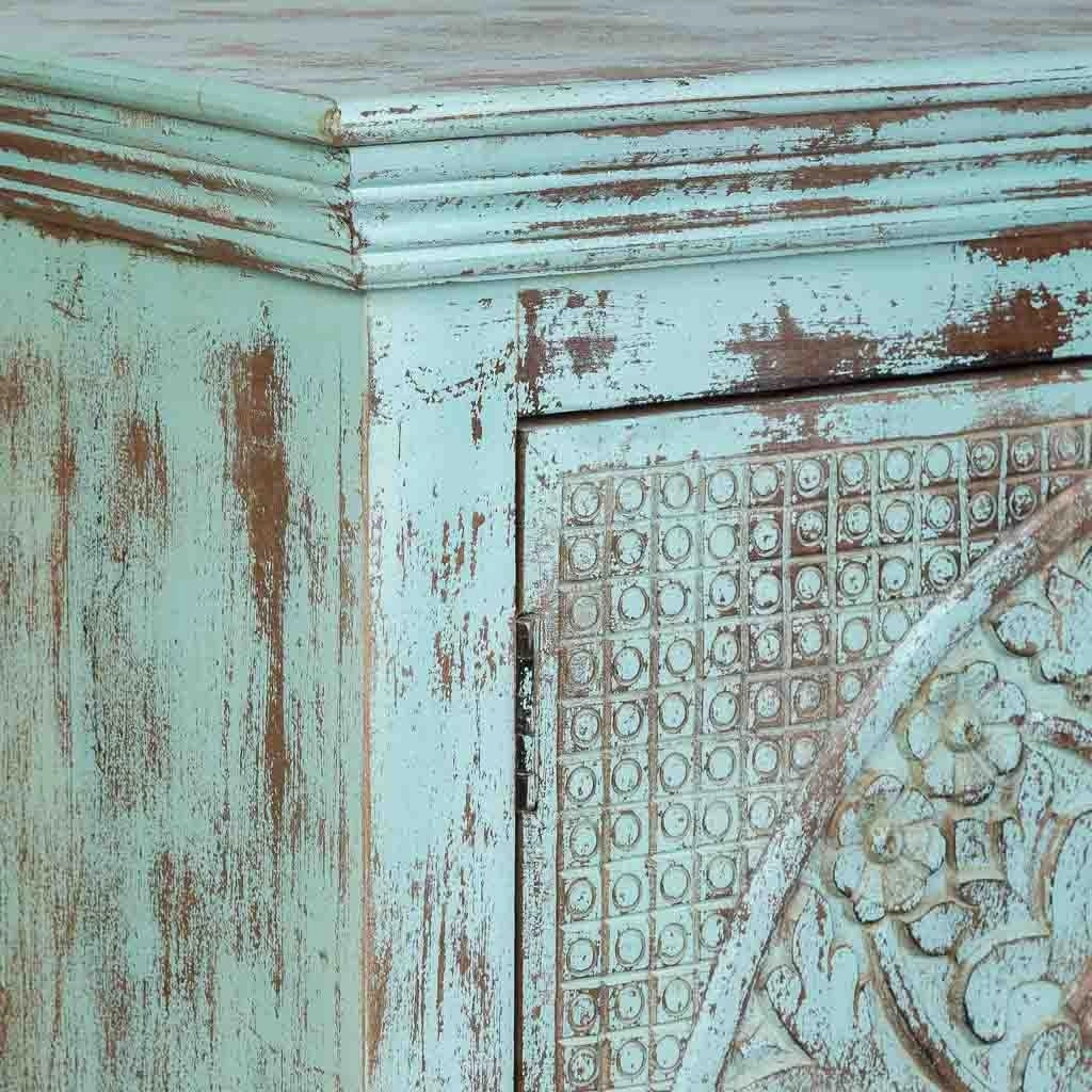 Credenza a 4 ante in legno con finitura verde anticato, cm 180x42x101h