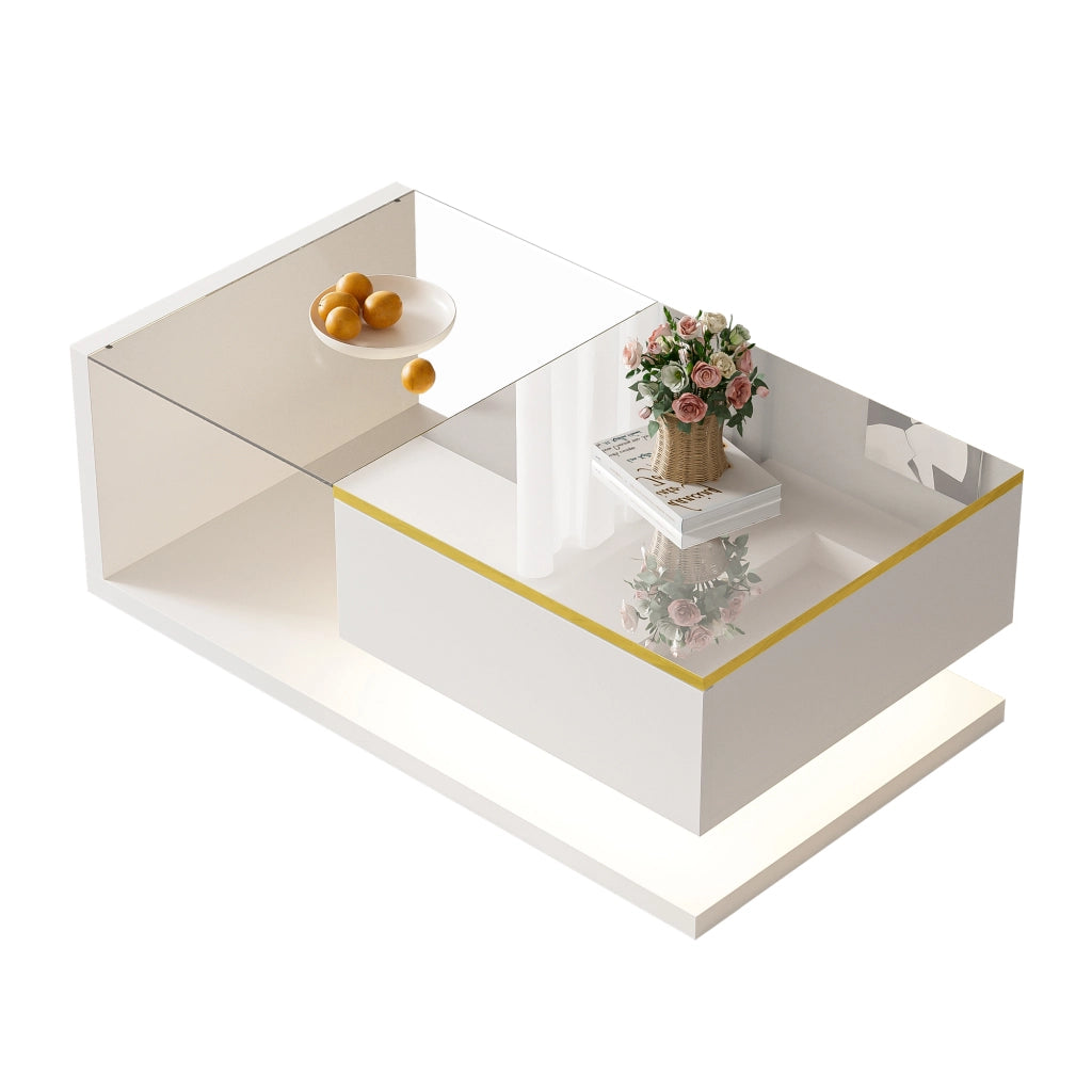 Tavolino da salotto con 1 vano contenitore; ripiani aperti e LED; in truciolare; 90 × 50 × 32.5 cm; Bianco